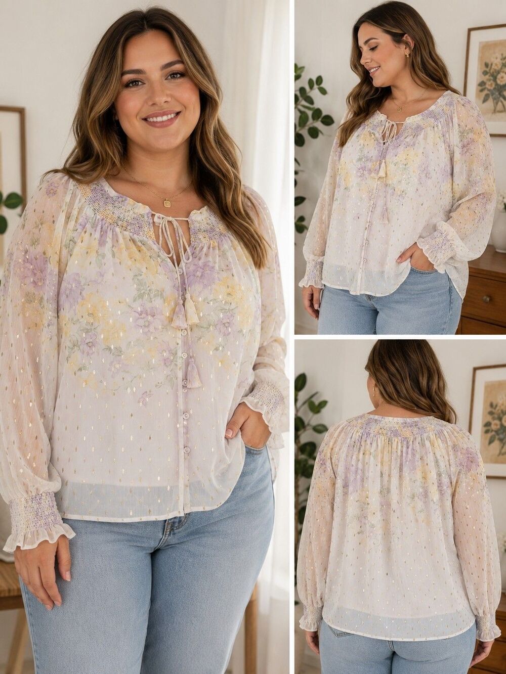 Autres Filles Floral Blouse Smocked Size XL Cottagecore Spring Summer
